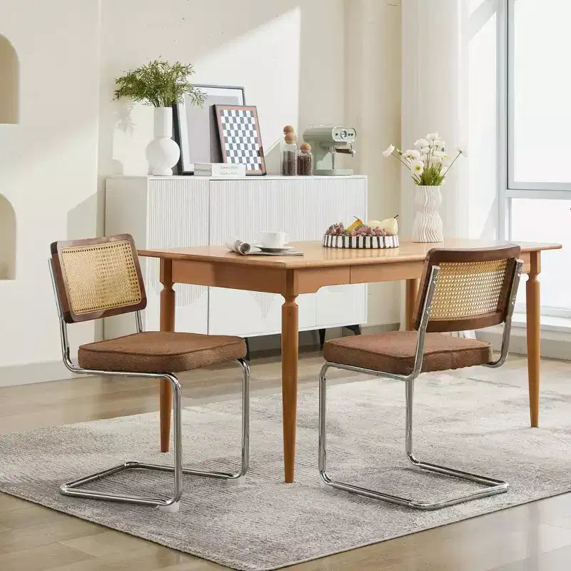 2Pcs Modern Dining Chairs with Linen Seat, Rattan Back & Chrome Base