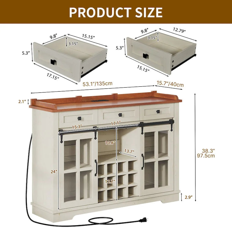 53 Barn Door Buffet Coffee Bar Cabinet with Wine Rack, Kitchen Sideboard Storage Cabinet