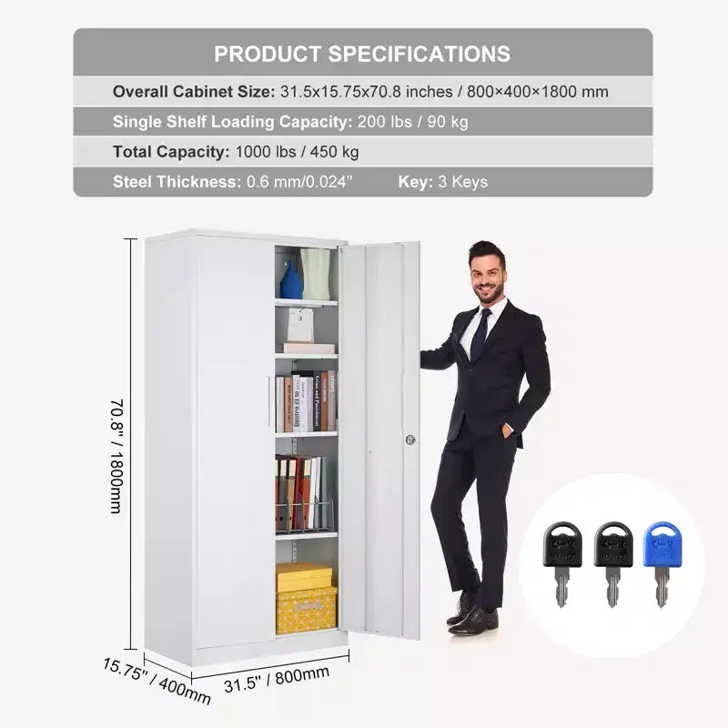VEVOR Metal Storage Cabinet, Steel Locking Storage Cabinet with 2 Magnetic Doors and 4 Adjustable Shelves,71 Metal Cabinet 200 lbs Capacity, White