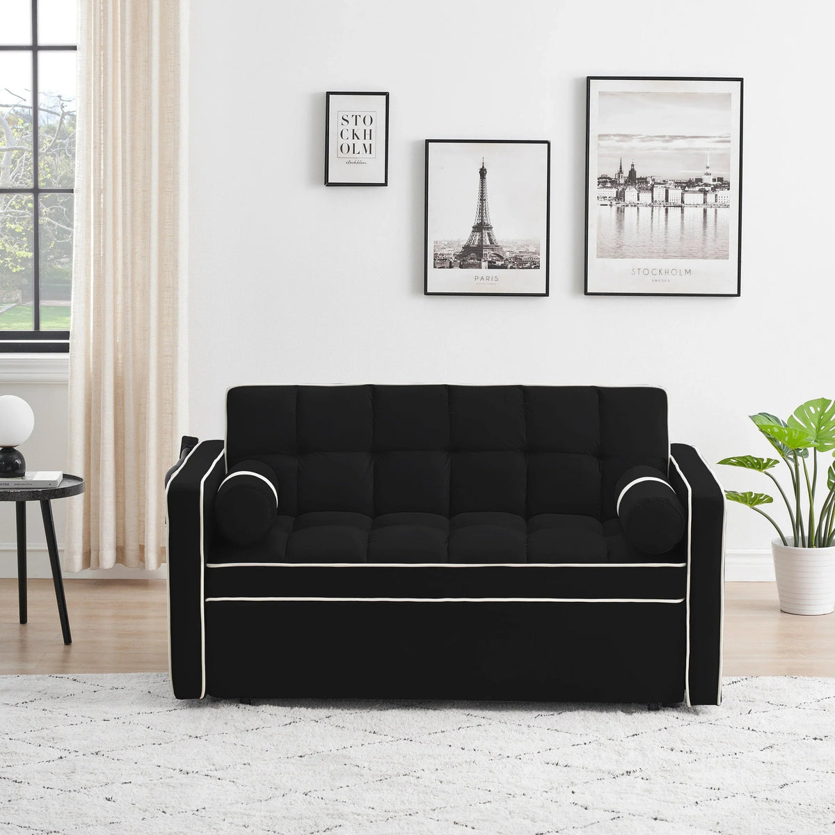 Velvet Convertible 55 2-Seater Sleeper Sofa with Pull-Out Bed, Adjustable Recline, Side Pockets, and Phone Holder
