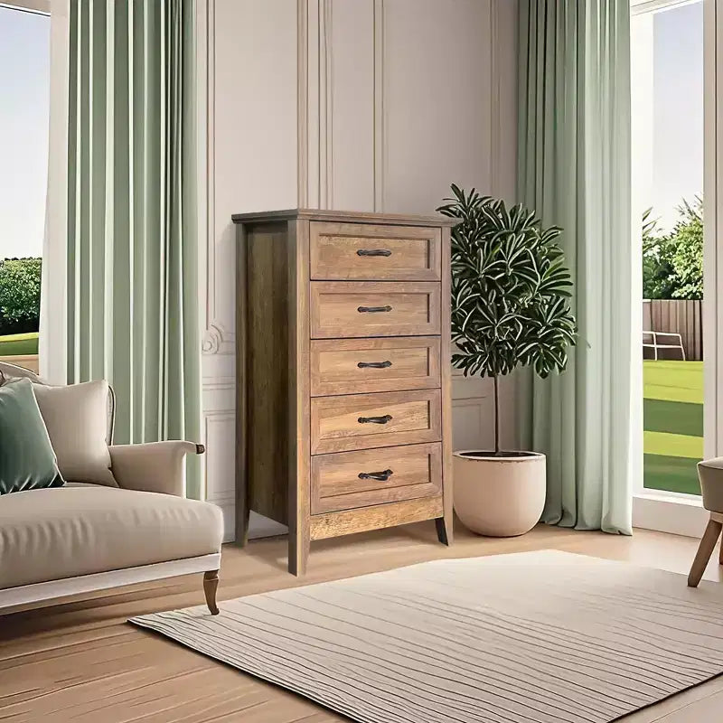 Farmhouse Dresser, Rustic Wood 5 Drawer Dresser for Closet, Tall Chest of Drawers with Metal Handles