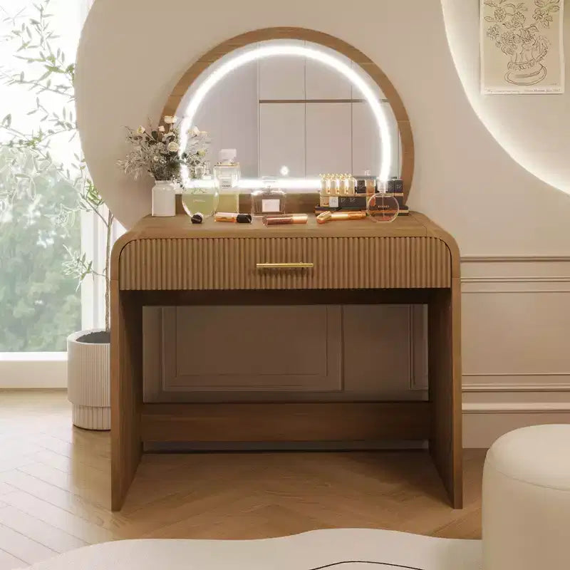 Makeup Vanity Table with Large Mirror and Touch Screen, Vanity Desk with Large Drawer and Arched Corner, Dressing Table for Bedroom