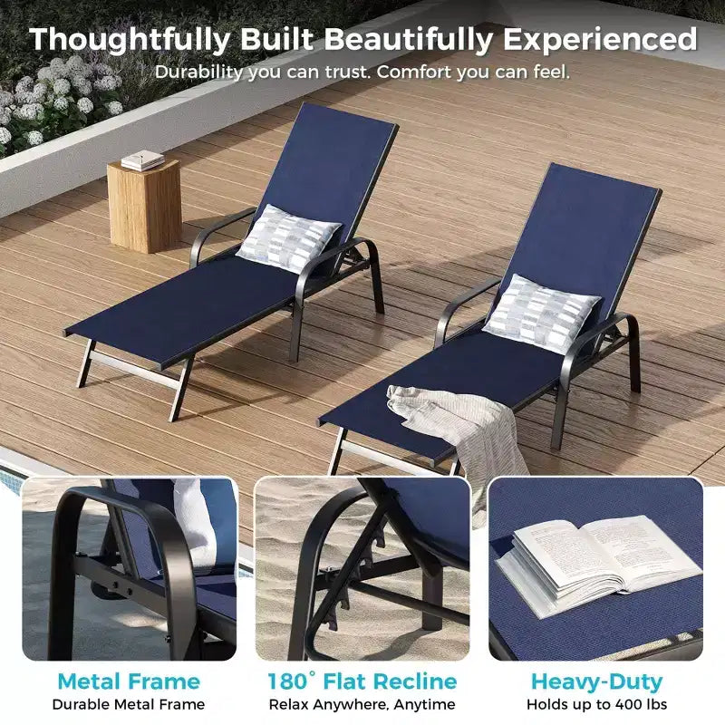 Outdoor Lounge Chair Set of 2  5-Position Adjustable Recliner, Textilene Fabric, 76 Pool Chaise for Patio, Garden & Poolside