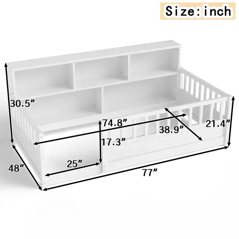 GDFStudio Cissie Modern Pinewood Guardrail Floor Bed with Side Storage