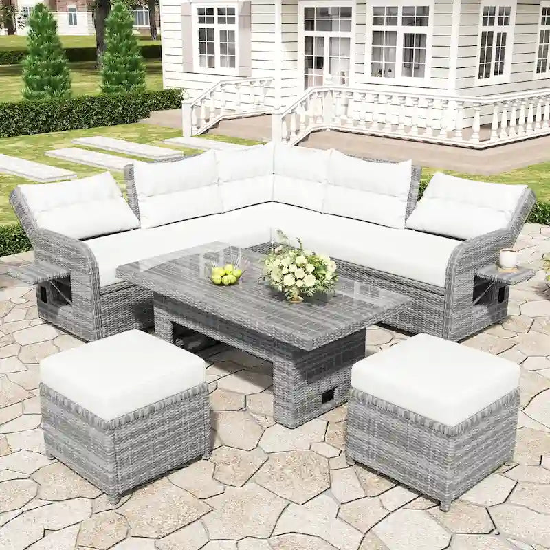 Outdoor Rattan Sectional Sofa Set with Adjustable Table & Recliners