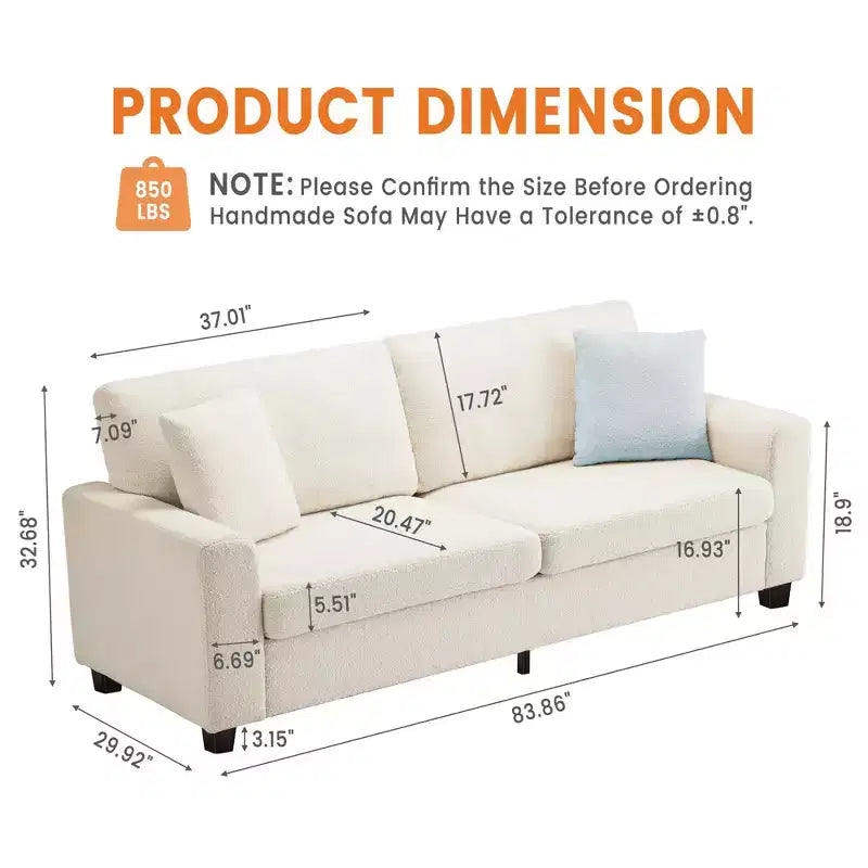 83W Modern 3-Seater Sofa with Deep Seat, Soft Fabric, Wide Armrest, Removable Washable Cushion Cover