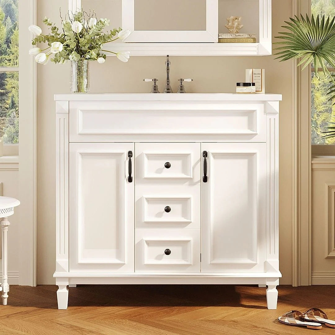 36 Modern Bathroom Vanity with Top Sink and Mirror Cabinet,2 Doors and 2 Drawers