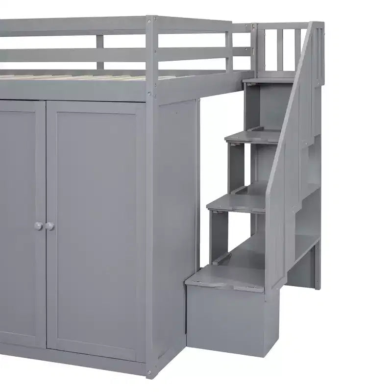 Teddy Fleece Full Size Loft Bed with Storage Shelf and Drawers, Wooden High Loft Bed with Versatile Desk for Bedroom