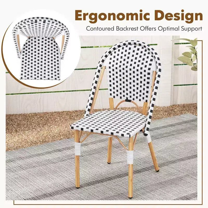 Costway French Bistro Chair Set of 4 w/ Hand-woven Rattan Galvanized Metal Frame Outdoor