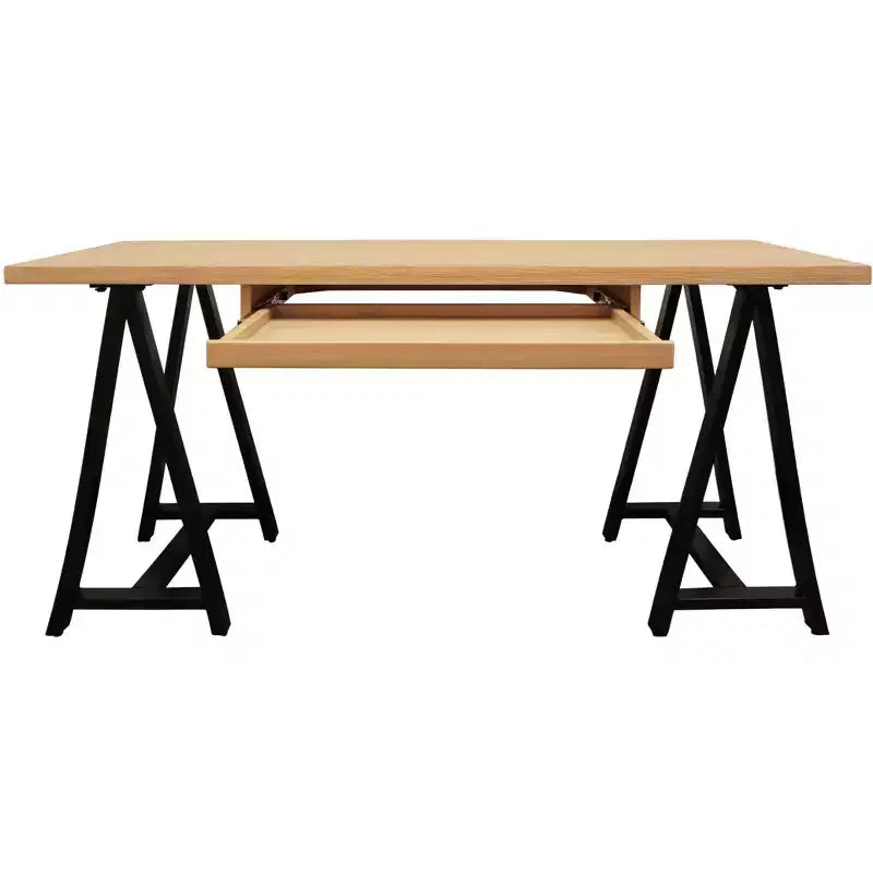 HomeRoots 60 Natural and Black Solid Wood and Metal Trestle Executive Desk