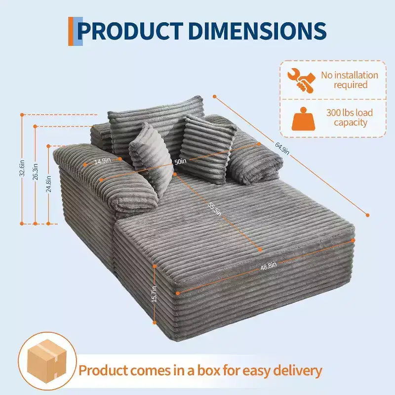 Oversized Chaise Lounge Chair Sofa Bed, Corduroy Sleeper Sofa with Pillows and Wide Armrests for Living Room, Bedroom, Movie Room