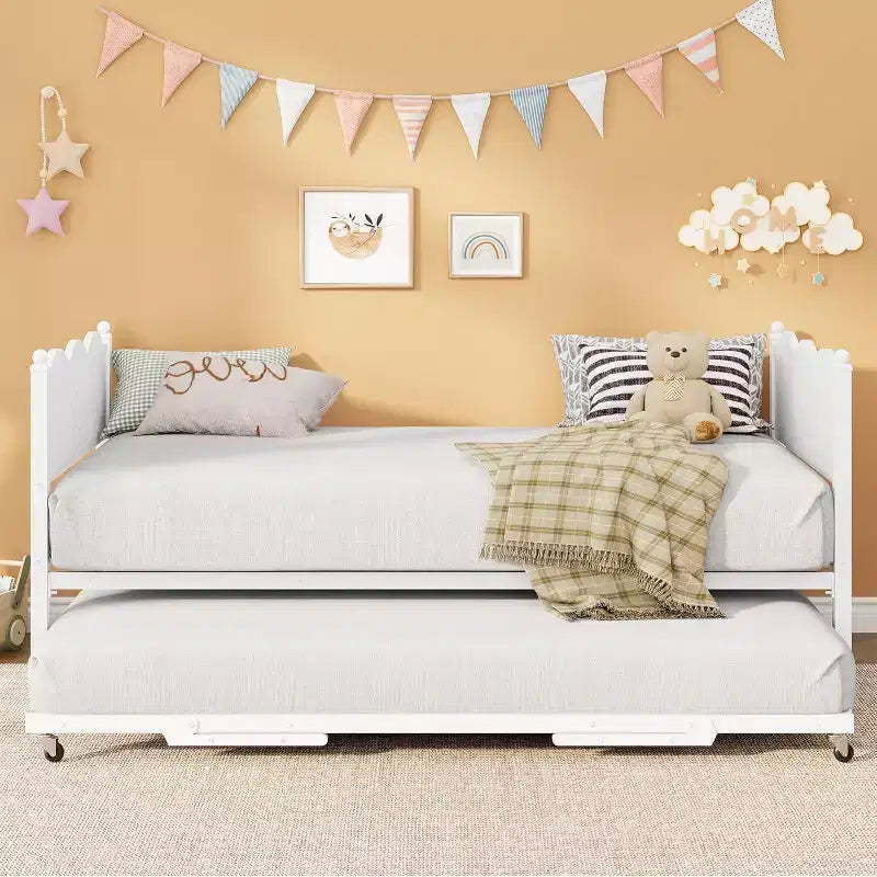 Twin Size Daybed with Trundle, Metal Frame with Wavy Wood Grain Headboard, Lockable Casters, Space-Saving Sofa Bed, No Box Spring Needed
