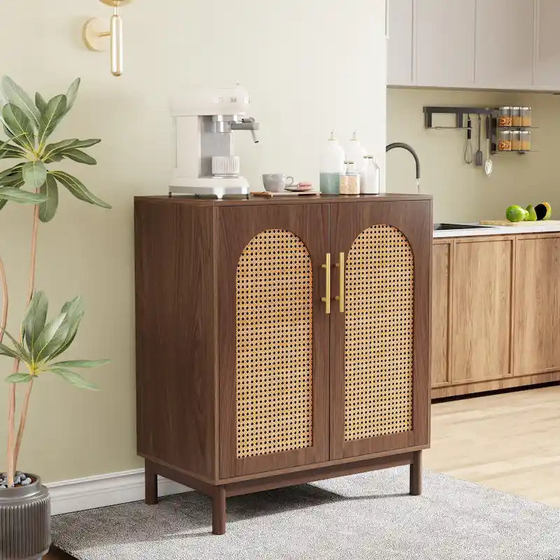 Set of 2 Rattan Sideboard, 59 Inch Buffet Cabinet with Doors, Accent Cabinet