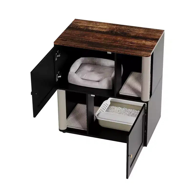 Litter Box Enclosure with Double Room, Hidden Enclosed Litterbox Furniture with Scratch Posts and Double-Layer Litter Mats Indoor Pet House